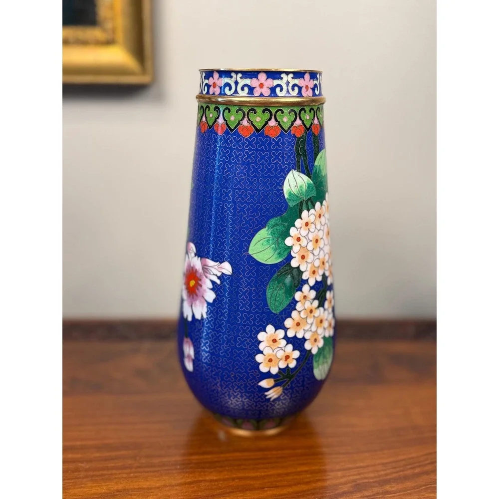 Vintage Chinese Cloisonné Vase • Cobalt Blue Floral Enamel Chinoiserie